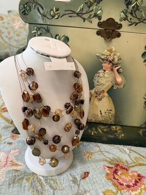 Source Unknown Brown and Amber Multi-Strand Beaded Necklace